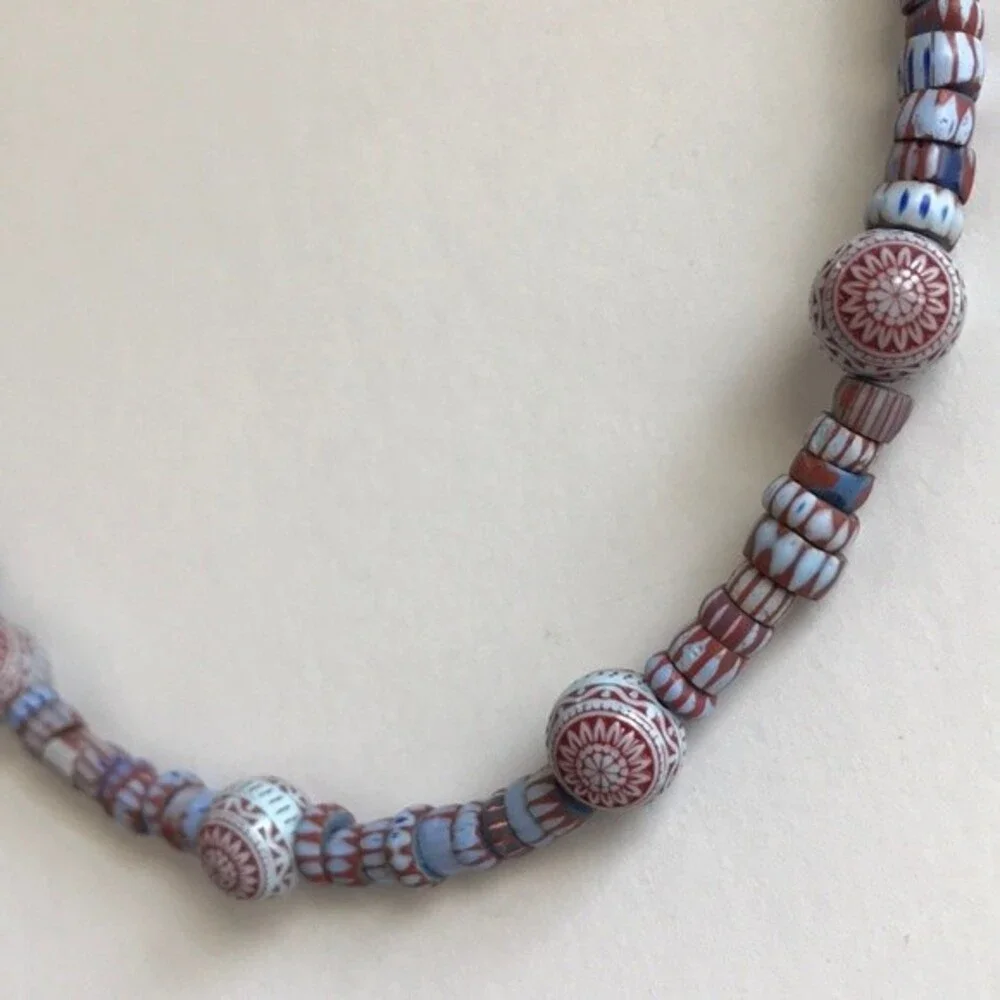 Vintage Handmade Glass Mosaic Chevron Bead Sterling Silver Clasp 16 In Necklace